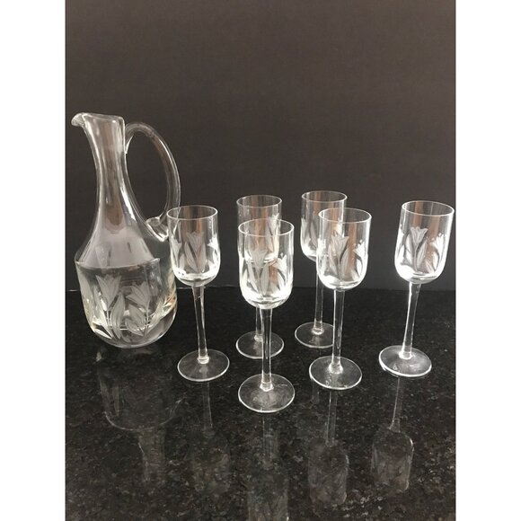 Vintage 1970's Frosted Tulip Decanter Pitcher & 6 Matching Liqueur Long Stemmed - Picture 3 of 10
